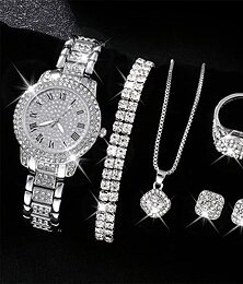 abordables -Reloj de pulsera analógico de moda hiphop de cuarzo con diamantes de imitación de lujo&amp; Juego de joyas de 6 piezas de regalo para mujer.