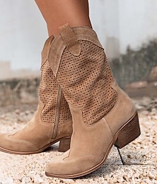 abordables -Botas vaqueras occidentales de gamuza perforada para mujer, estilo veraniego transpirable hasta media pantorrilla color canela