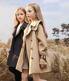 cheap -Kids Girls' Trench Coat Long Sleeve Black Khaki Solid Color Button Spring Fall Fashion School 7-13 Years