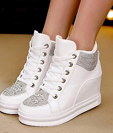 abordables -Zapatillas blancas de cuña con diamantes de imitación para mujer: zapatos de plataforma alta de piel sintética para un estilo informal, de fiesta y urbano.