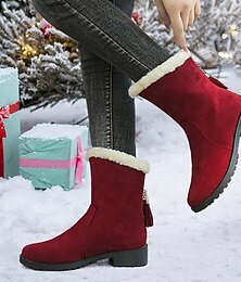 baratos -Botas femininas de camurça sintética forradas com pele vermelha vinho com detalhes de borlas e sola antiderrapante, perfeitas para uso ao ar livre no inverno e moda casual