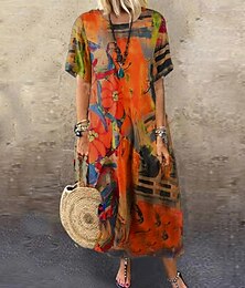 olcso -Női Pólóruha Váltó ruha Égetett narancssárga ruha Hosszú ruha Maxi ruha Narancssárga Lóhere Rövid ujjú Nyomtatott Nyomtatott Tavasz Nyár Terített nyak Szüret Napi Vakáció 2023 M L XL 2XL 3XL 4 XL