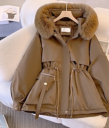 cheap -Women's Puffer Jacket Winter Fleece Parka with Collar Drawstring Zipper Coat Windproof Warm Hoodie Jacket with Pockets Fashion Street Outerwear Brown Black Khaki