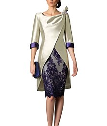 voordelige -Twee Stuk Figuurige Moeder van de Bruid Jurk Bruiloft Gast Kerk Vintage Plus Size V-hals Knie Lengte Satijn Kant Jas Jurken met Kleurblok Derby Jurk Race Dag Jurk 2025