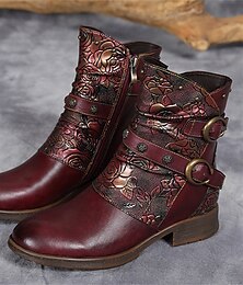 abordables -bottines en cuir à motif floral vintage pour femmes – design élégant avec boucle bordeaux pour une tenue décontractée d'automne et d'hiver