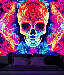 levne -Halloweenská lebka černé světlo tapisérie UV reaktivní svítící ve tmě bizarní mlhavá závěsná tapisérie nástěnné umění mural pro obývací pokoj ložnici