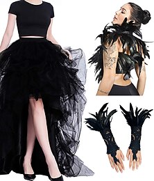 halpa -setti tylli tutu hame höyhen viitta pitsi hanskat 3 kpl naisten korkea vyötärö korkea matala kerroksinen tylli lattiapituus hame höyhenhuivit asut ilkeä puku punk gootti halloween party karnevaali
