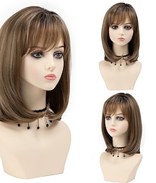 cheap -Short Ombre Blonde Bob Layered Wigs for White Women Blonde Mixed White Highlight Synthetic Straight Hair Wig with Bangs Medium Length Wigs for Women Daily Party Wig