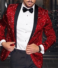 economico -Giacca blazer da uomo in paillettes moda disco a fantasia taglio regolare plus size monopetto a un bottone rosso