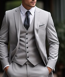 cheap -Light Grey Men's Wedding Suits Solid Colored 3 Piece Daily Business Plus Size Single Breasted Two-buttons 2024