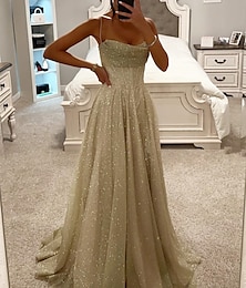 cheap -A-Line Prom Dresses Glittering Dress Formal Evening Party Sweep / Brush Train Sleeveless Cowl Neck Tulle with Glitter Slit 2024