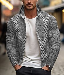 رخيصةأون -رجالي سترة سترة من صوف محبوك سترة الرمز البريدي سترة سترة مضلع متماسكة مرفوع الأرجل محبوك هندسي مرتفعة دافئ / تدفيئ الحديث المعاصر مناسب للبس اليومي مناسب للخارج ملابس الشتاء أزرق البحرية رمادي غامق