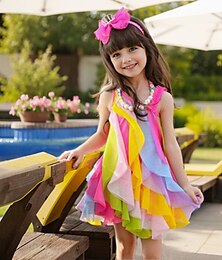 cheap -Kids Girls' Dress Rainbow Swing Dress Party Holiday Beach Ruffle Mesh Fuchsia Cotton Asymmetrical Sleeveless Cute Boho Beautiful Dresses Spring Summer Regular Fit 3-10 Years / Sweet