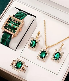 abordables -5 unids/set reloj de mujer vintage reloj de cuarzo con puntero cuadrado reloj de pulsera analógico verde & conjunto de joyas de pedrería, regalo para mamá ella