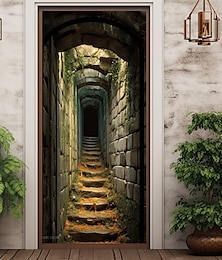 זול -מדרגות אבן וינטג' דלת מכסה דלת שטיפט דלת וילון קישוט רקע דלת באנר לדלת הכניסה בית חווה אספקת עיצוב מסיבת חג
