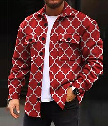 cheap -Men's Geometry Shirt Shirt Jacket Overshirt Long Sleeve Casual Outdoor Street Casual Daily Fall & Winter Turndown Buttons Pocket Print Black Red Blue Purple