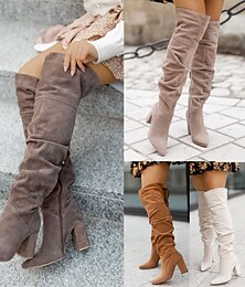 abordables -Botas holgadas por encima de la rodilla para mujer con tacón de bloque, diseño elegante de gamuza disponible en varios colores para atuendos de otoño e invierno.