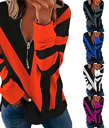 abordables -Sudadera con cremallera para mujer sudadera tipo pulóver color bloque abstracta casual con cremallera moda streetwear básica cuello en V manga larga primavera y otoño otoño e invierno comodidad tela