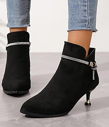 baratos -botins femininos de camurça preta – tira com strass, salto gatinho e bico fino para festas e uso noturno