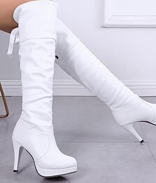 abordables -Botas de tacón de aguja con plataforma hasta la rodilla para mujer, color blanco: botas de tacón alto por encima de la rodilla para fiestas y eventos de moda