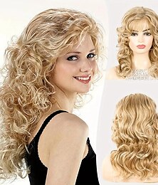 economico -parrucche bionde per capelli ondulati lunghi ricci da 20 pollici parrucche soffici e morbide con frangia per parrucche per capelli in fibra sintetica da donna