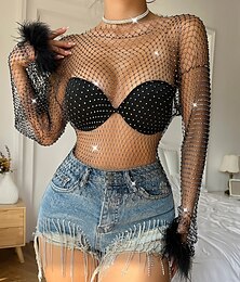 cheap -Metallic Sparkle Sexy Shirt Sheer Mesh Rhinestone Cover Up Disco Women's Carnival Party Club Top