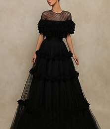 abordables -Robes de Prom A-Ligne Élégante Robe Formelle Longueur de Sol Manches Courtes Col Bijou Tulle avec Pli Volants 2025