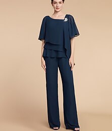 levne -Dvoudílný Overal  Kalhotový Oblek Matky Nevěsty Formální Svatební Host Církev Elegantní Plus Size Bateau Krk Floor Length Chiffon Bez Rukávů s Korálkováním Kaskádovými Volány Krystalová Brož
