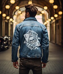 cheap -Letter Poker Skulls Casual Men's Coat Denim Jacket Sports & Outdoor Going out Weekend Fall & Winter Turndown Long Sleeve Black Blue M L XL Denim Jacket