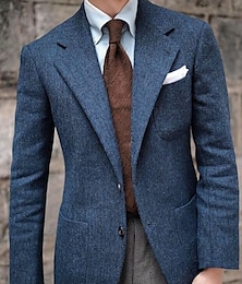 economico -Per uomo Tweed Blazer Retrò vintage A spina di pesce Blazer Blu Taglie forti Monopetto a due bottoni