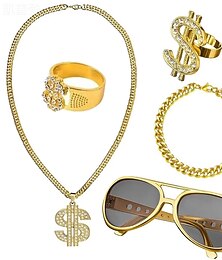 זול -ערכת תחפושות היפ הופ שנות ה-80/90 אביזרי ראפר כובע דלי משקפי שמש שרשרת זהב תלבושת טבעת לגברים נשים