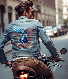cheap -Letter Horse National Flag Casual western style Men's Coat Denim Jacket Sports & Outdoor Going out Weekend Fall & Winter Turndown Long Sleeve Black Blue M L XL Denim Jacket