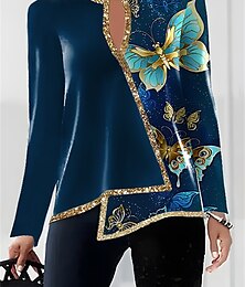 cheap -Women's Shirt Blouse Butterfly Casual Pink Blue Green Print Asymmetric Hem Long Sleeve Fashion V Neck Regular Fit Fall & Winter