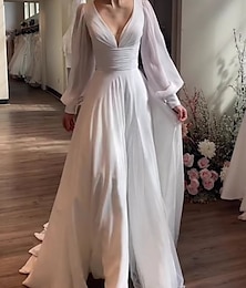 economico -Abiti da sposa semplici little white dress abiti per la festa nuziale abiti da sposa A-Line scollo a V maniche lunghe strascico di corte chiffon abiti da sposa con plissettature arricciate