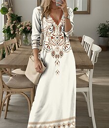 preiswerte -Damen Maxikleid Freizeitkleid T-Shirt Kleid Tee Kleid Floral Tribal Taschen Druck V-Ausschnitt Langkleid Maxikleid Vintage Ethnisch Date Urlaub Langarm Herbst Winter