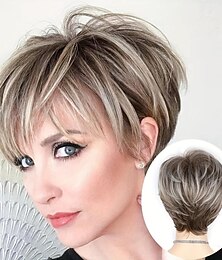 economico -parrucche di capelli ricci naturali a strati corti biondi misti marroni con frangia parrucche piene di tessuto sintetico resistente al calore per le donne 6 pollici