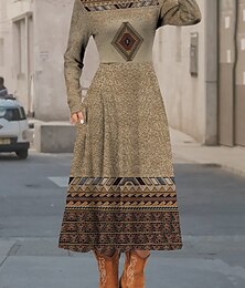 levne -Dámské Midi šaty Volnočasové šaty Zimní šaty Etnické šaty Swingové šaty Vinobraní Geleneksel Africký vzor Formální Venkovní Dovolená Běžný Květinový Geometrický Barevné bloky Dlouhý rukáv Tričkový