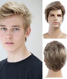 رخيصةأون -شعر مستعار أشقر قصير للرجال، شعر مستعار أشقر مختلط ذو طبقات قصيرة، شعر مستعار اصطناعي بديل للهالوين، شعر مستعار طبيعي