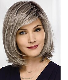 abordables -Pelucas cortas de color gris ombre para mujer, peluca bob gris en capas hasta la barbilla, peluca de pelo liso de longitud media, peluca sintética de aspecto natural
