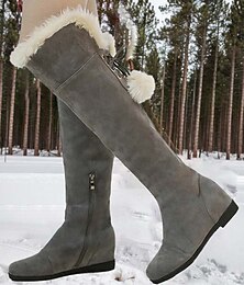 baratos -botas de inverno femininas acima do joelho cinza com acabamento em pele sintética e salto cunha - calçados quentes e elegantes para clima frio