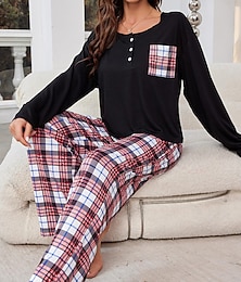 economico -pigiama da donna set griglia / plaid casual comfort casa letto traspirante girocollo manica lunga t-shirt pantaloni bottone tasca autunno inverno abiti da casa