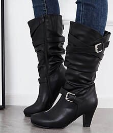 abordables -Botas holgadas hasta media pantorrilla para mujer con correas con hebillas y tacón de bloque, calzado casual elegante para conjuntos de otoño e invierno