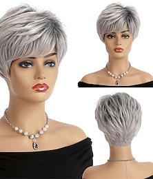 abordables -Perruque courte grise pour femme, perruque synthétique coupe lutin en couches gris argenté avec frange, perruque de cheveux d'aspect naturel pour femme, perruques grises courtes et moelleuses pour