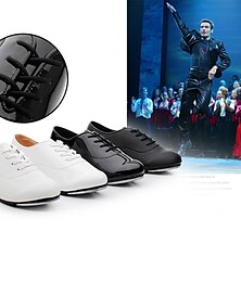 abordables -Women's Tap Shoes Practice Professional Comfort Shoes Heel Lace-up Flat Heel Round Toe Lace-up Kid's Adults' Black White