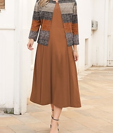 preiswerte -Damen Übergröße Kurve Casual kleid Kleid-Set Zweiteiliges Kleid Streifen Midikleid Langarm Bedruckt Rundhalsausschnitt Modisch Outdoor Blau Braun Herbst Winter L XL XXL 3XL 4XL