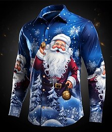 お買い得  -クリスマス メンズ サンタクロース プリント シャツ サンタクロース カジュアル 普段着 お出かけ 秋&amp;冬用ターンダウン長袖ネイビーブルー、ロイヤルブルー、ブルー S、M、L 4方向ストレッチ生地シャツ