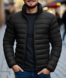 cheap -Men's Puffer Jacket Quilted Jacket Zipper Pocket Polyster Pocket Office & Career Date Casual Daily Regular Keep Warm Outdoor Casual Sports Winter Plain Black Red Dark Navy Royal Blue Puffer Jacket
