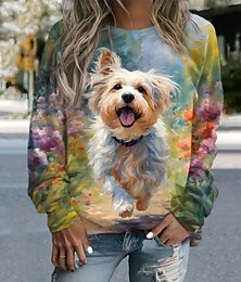 abordables -Sudadera para mujer, jersey con estampado deportivo informal de perro, ropa deportiva divertida, cuello redondo, manga larga, top microelástico para otoño&amp;Tejido suave, transpirable y cómodo para