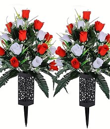 abordables -24 têtes de fleurs de cimetière artificielles, fleurs de roses, roses de décorations funéraires extérieures, couleurs durables et sans saignement, rouge et blanc, sans vase de cimetière