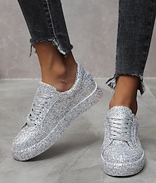 cheap -Women's Sneakers Bling Fantasy Sparkling Shoes  Outdoor Daily Glitter PU Lace-up Silver Sequin Flat Heel Round Toe Fashion Sporty Casual Black Pink